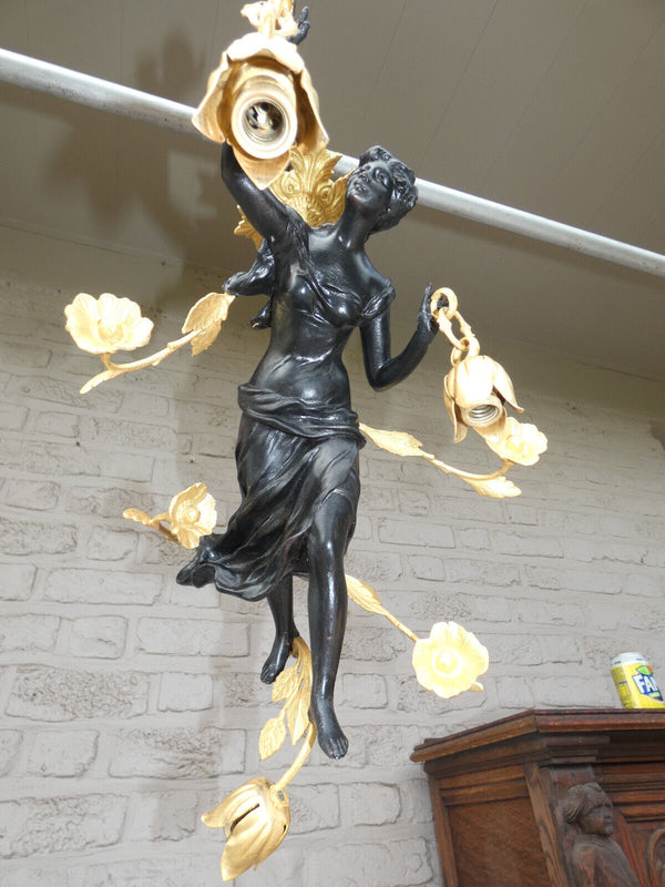 Vintage French bronze brass nymph lady figural chandelier lamp rare