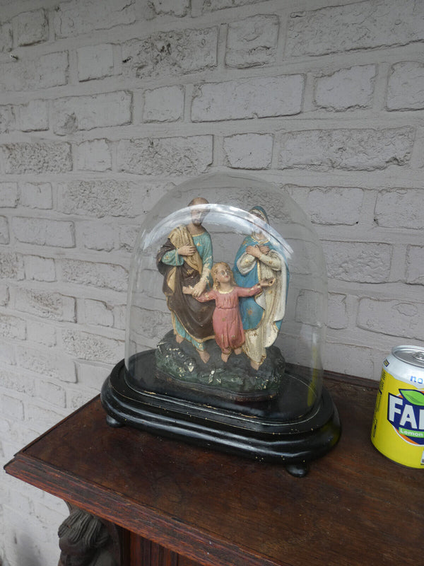 Antique 19thc religious holy family chalk under glass globe dome