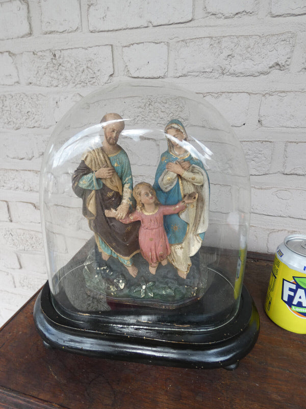 Antique 19thc religious holy family chalk under glass globe dome