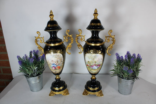 pair limoges cobalt porcelain romantic decor vases marked