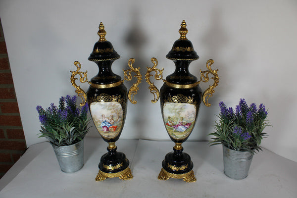 pair limoges cobalt porcelain romantic decor vases marked