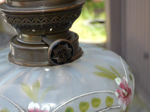 Antique French Spelter bronze lady figurine oil petrol lamp glass enamel flowers