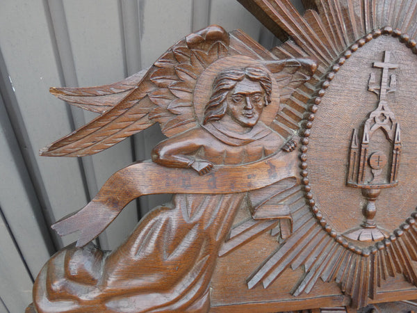 Antique L Wood carved religious church wall plaque archangel monstrance rare