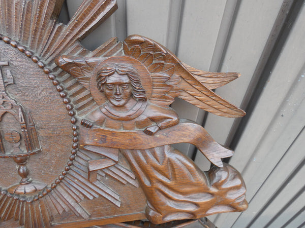 Antique L Wood carved religious church wall plaque archangel monstrance rare