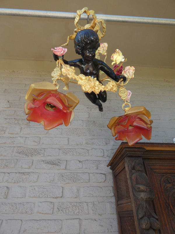 Rare Large French putti cherub  Figurine  porcelain bronze Chandelier lamp