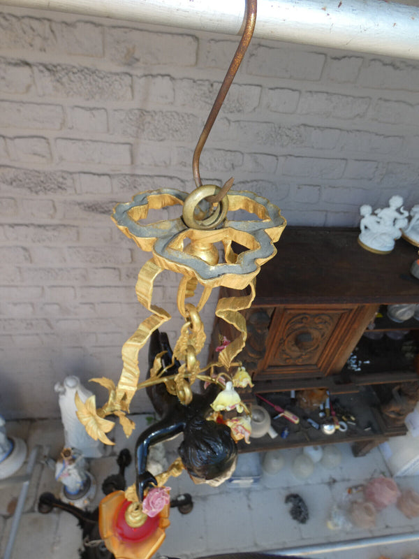 Rare Large French putti cherub  Figurine  porcelain bronze Chandelier lamp