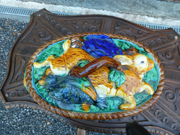 Antique LArge Majolica barbotine PAte Tureen hare duck relief rare