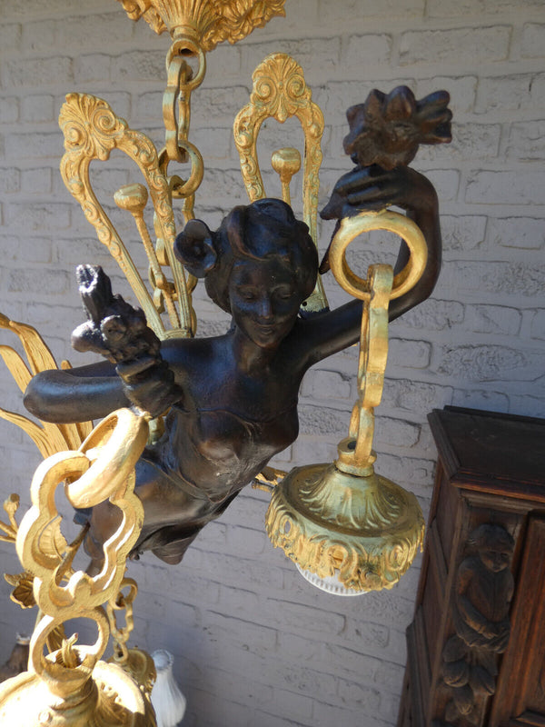 Rare Large French bronze nymph winged lady Figurine Chandelier lamp