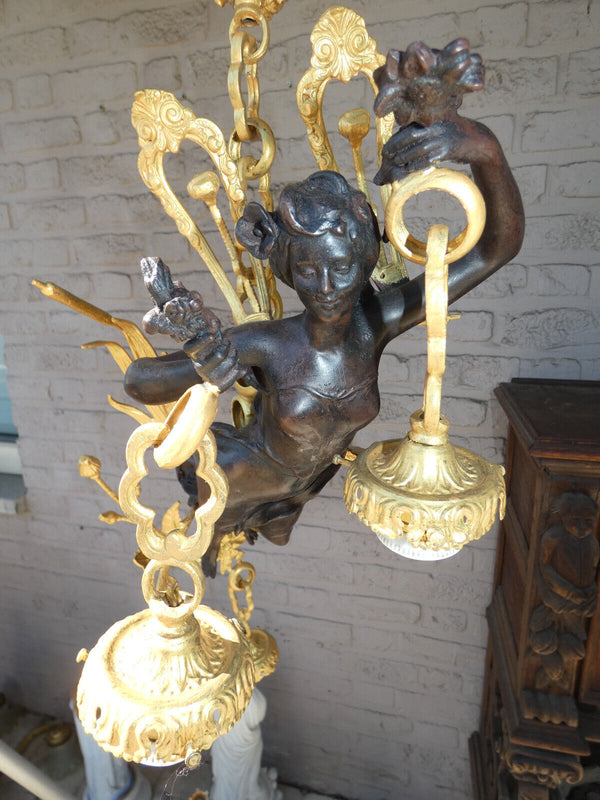 Rare Large French bronze nymph winged lady Figurine Chandelier lamp