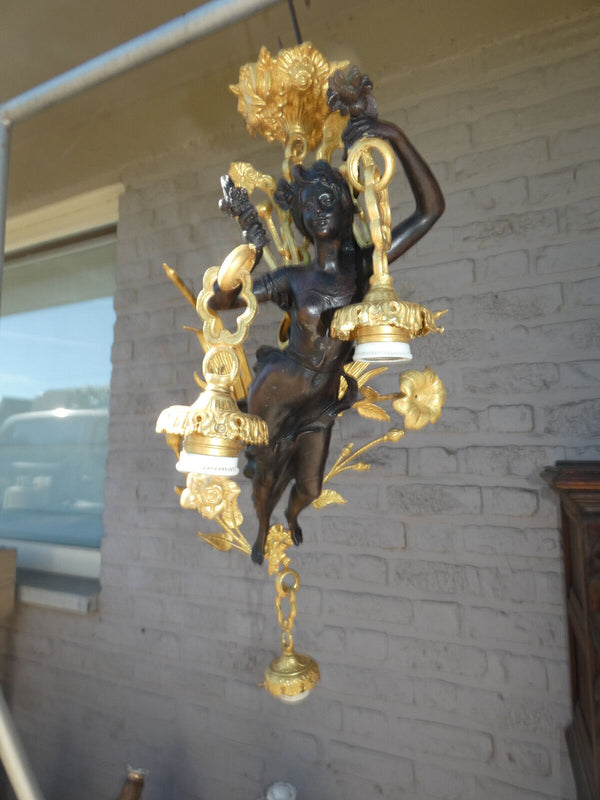 Rare Large French bronze nymph winged lady Figurine Chandelier lamp