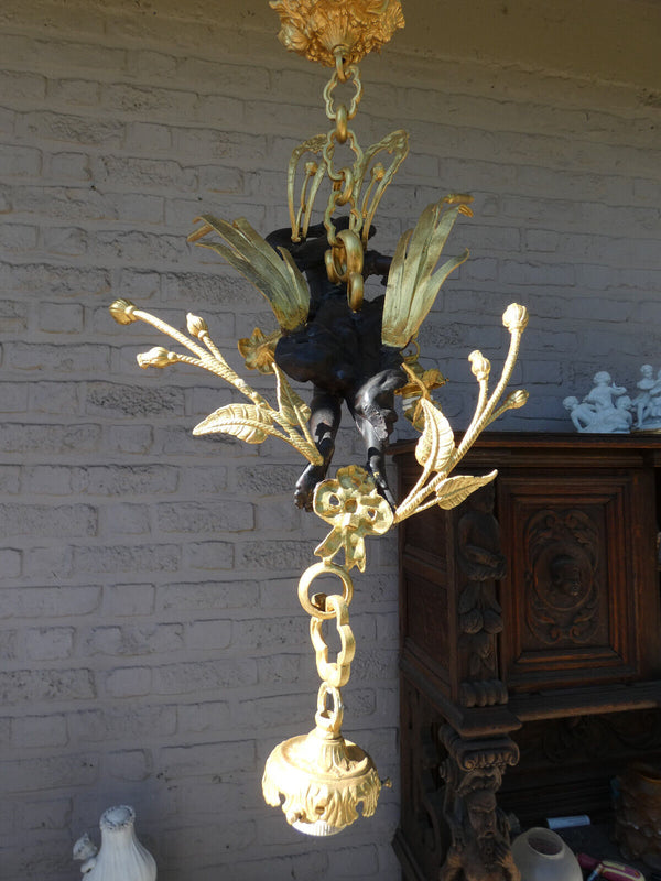 Rare Large French bronze nymph winged lady Figurine Chandelier lamp