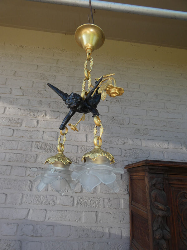 Stunning French bronze putti cherbub floral chandelier lamp rare