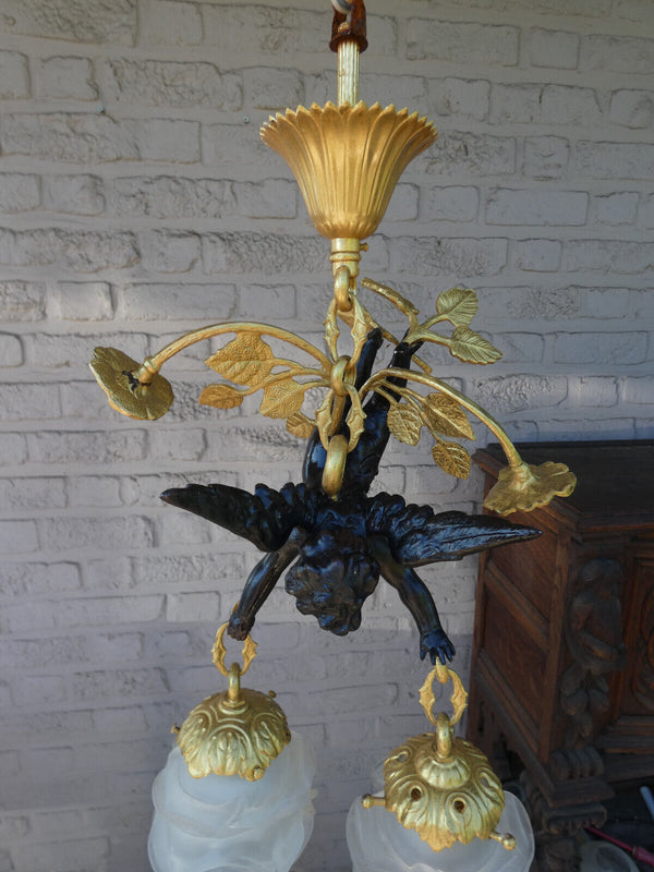 Stunning French bronze putti cherbub floral chandelier lamp rare