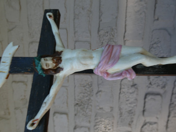 Antique French vieux paris porcelain crucifix holy water font saint john baptist