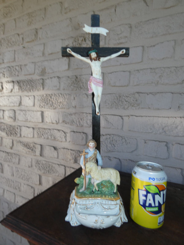 Antique French vieux paris porcelain crucifix holy water font saint john baptist