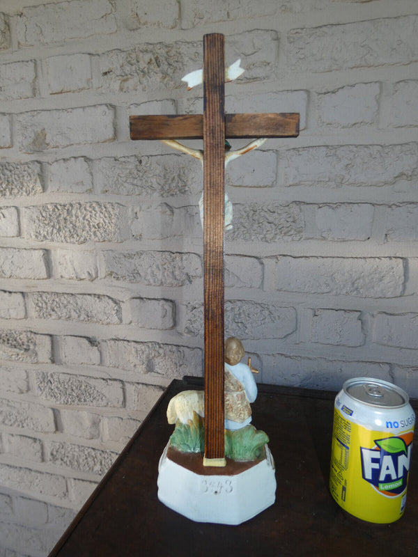 Antique French vieux paris porcelain crucifix holy water font saint john baptist