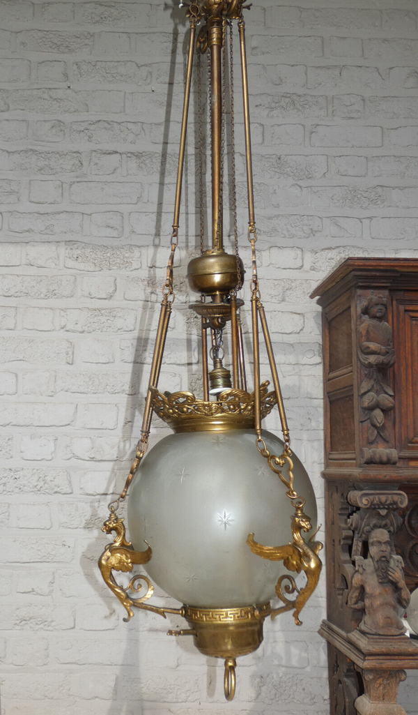 Antique french Bronze dragon glass globe chandelier lamp