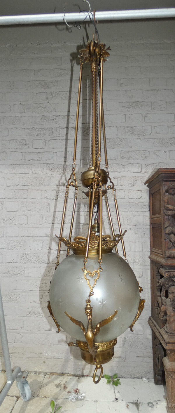 Antique french Bronze dragon glass globe chandelier lamp