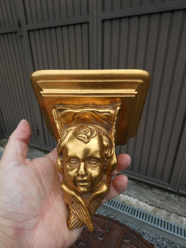 Vintage 70s small gold gilt angel head religious wall console