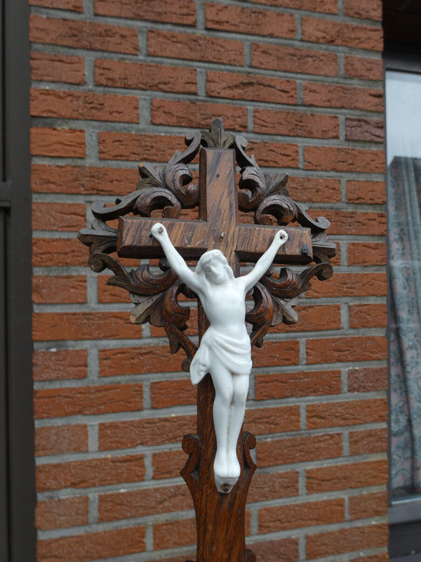 Antique Wood carved crucifix with porcelain bisque corpus christ