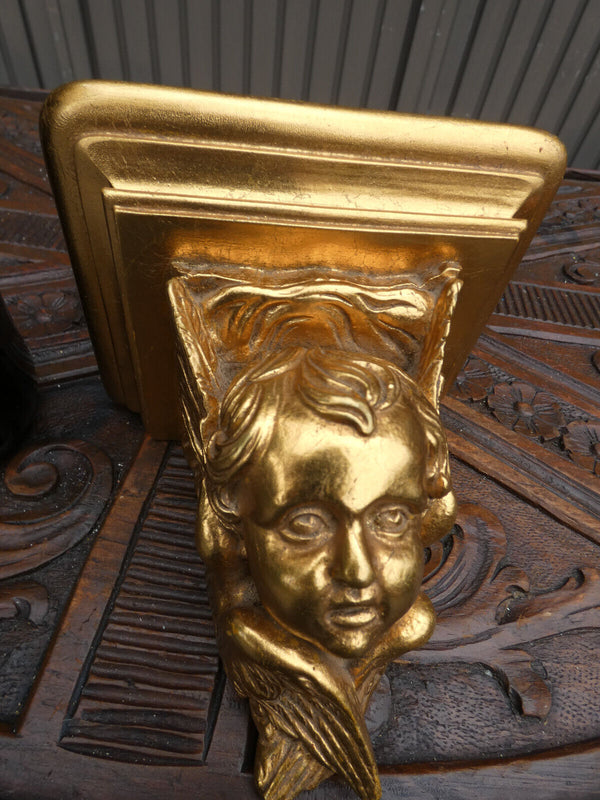 Vintage 70s small gold gilt angel head religious wall console