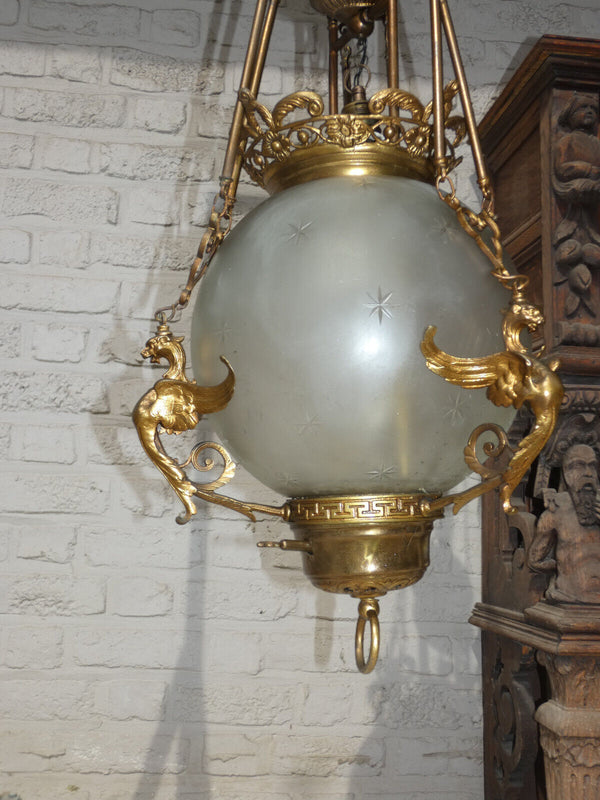 Antique french Bronze dragon glass globe chandelier lamp