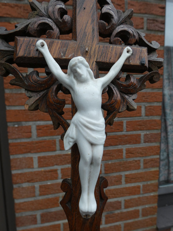 Antique Wood carved crucifix with porcelain bisque corpus christ