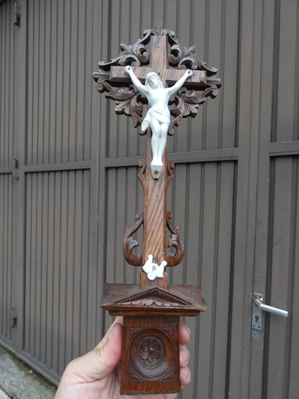 Antique Wood carved crucifix with porcelain bisque corpus christ