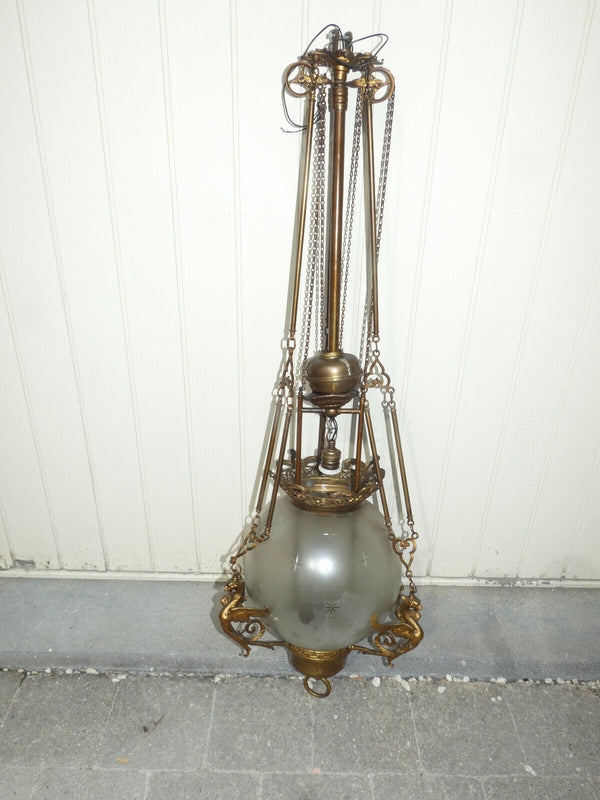 Antique french Bronze dragon glass globe chandelier lamp