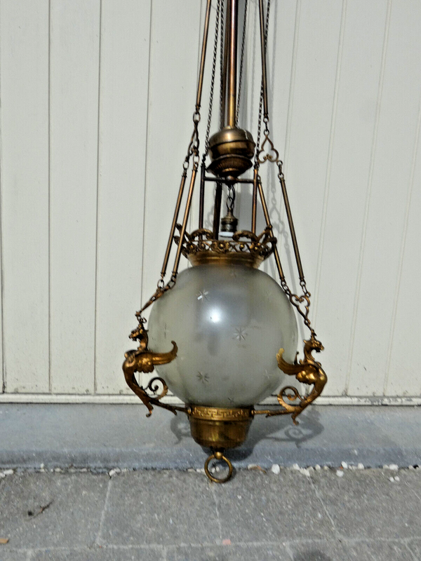 Antique french Bronze dragon glass globe chandelier lamp