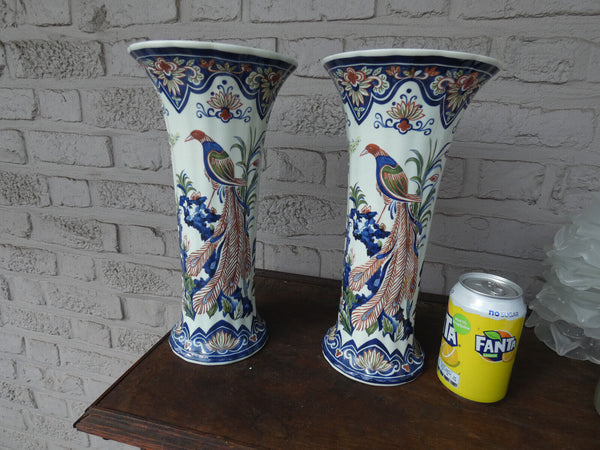 PAIR Belgian BOCH pottery polychrome birds floral vases marked