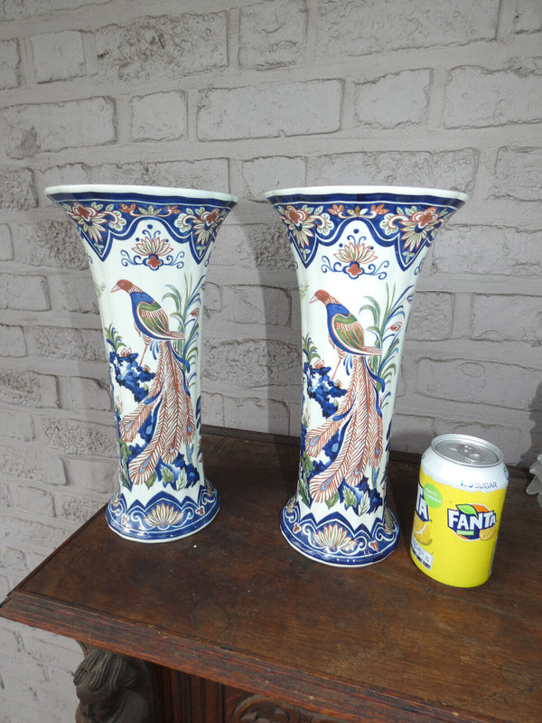 PAIR Belgian BOCH pottery polychrome birds floral vases marked