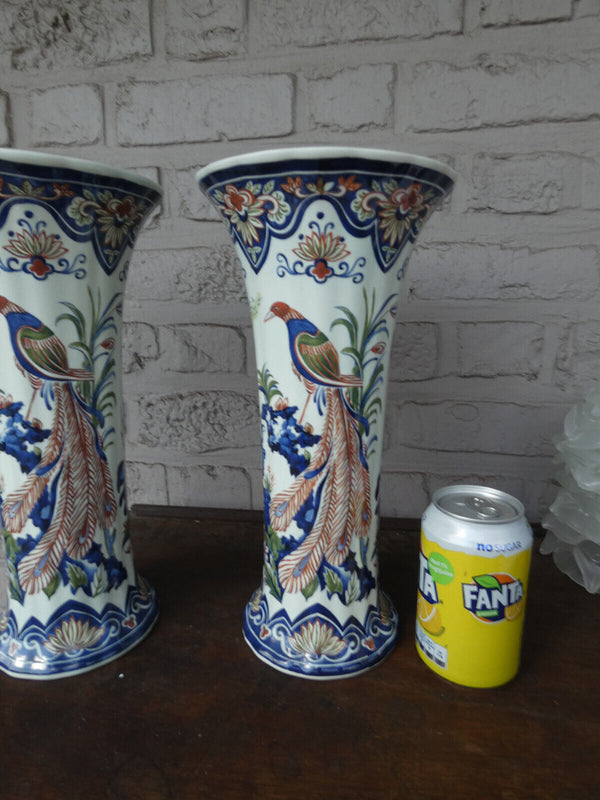 PAIR Belgian BOCH pottery polychrome birds floral vases marked