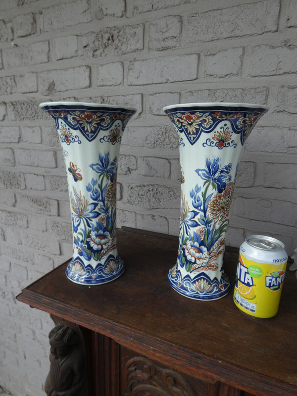 PAIR Belgian BOCH pottery polychrome birds floral vases marked