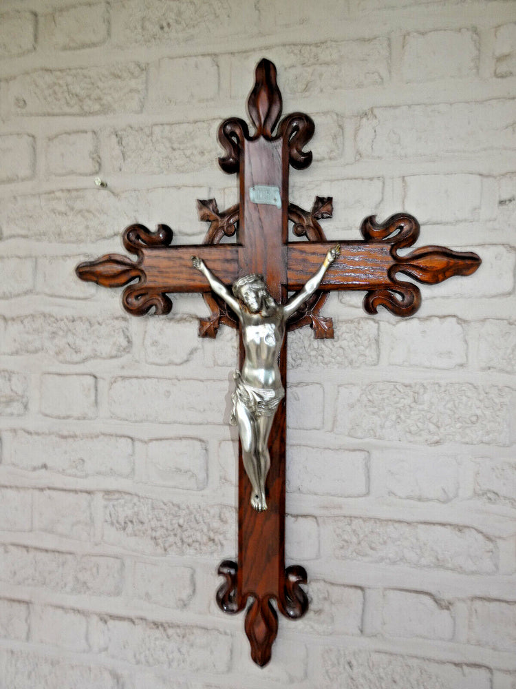 Antique french wood carved crucifix 29,5" Religious