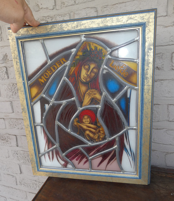 Religious stained glass madonna window plaque framed signed THOMAS 97