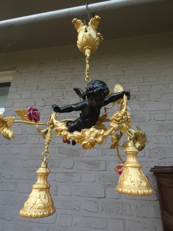 Vintage Bronze porcelain Putti angel chandelier lamp rare