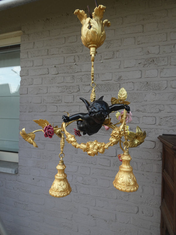 Vintage Bronze porcelain Putti angel chandelier lamp rare