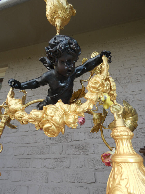 Vintage Bronze porcelain Putti angel chandelier lamp rare