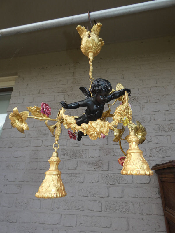 Vintage Bronze porcelain Putti angel chandelier lamp rare