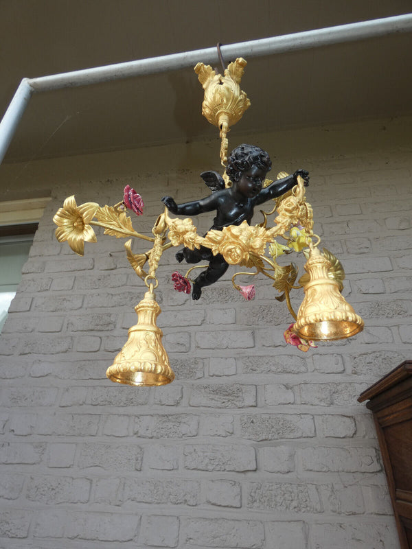 Vintage Bronze porcelain Putti angel chandelier lamp rare