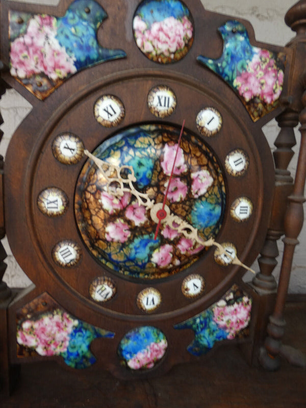 Vintage 1970 Triptych wood carved wall clock metal enemal floral decoration