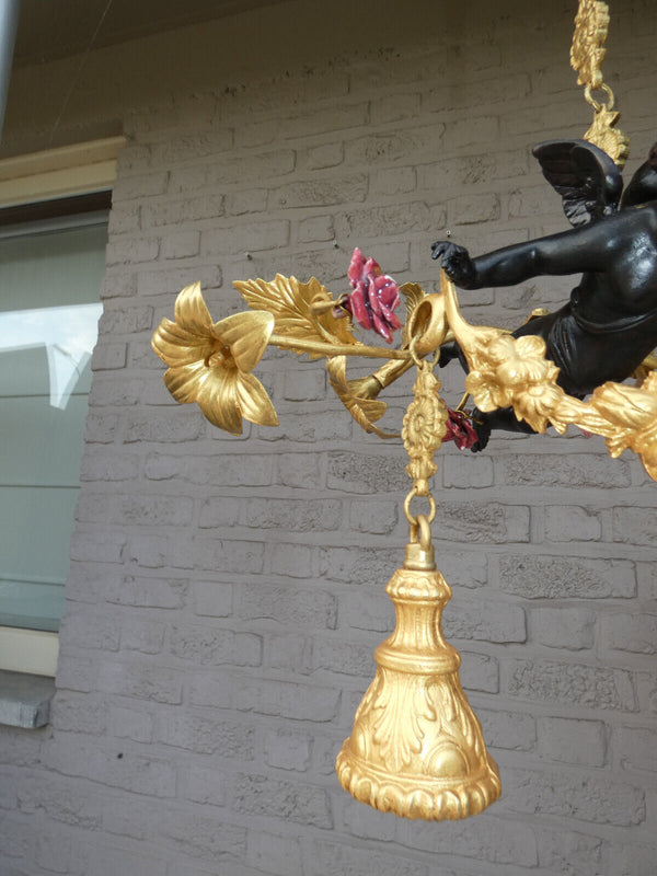 Vintage Bronze porcelain Putti angel chandelier lamp rare