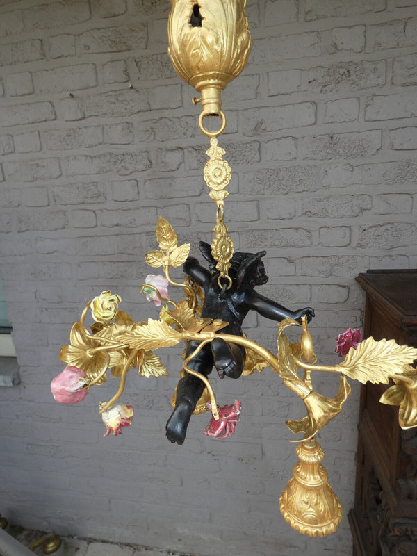 Vintage Bronze porcelain Putti angel chandelier lamp rare