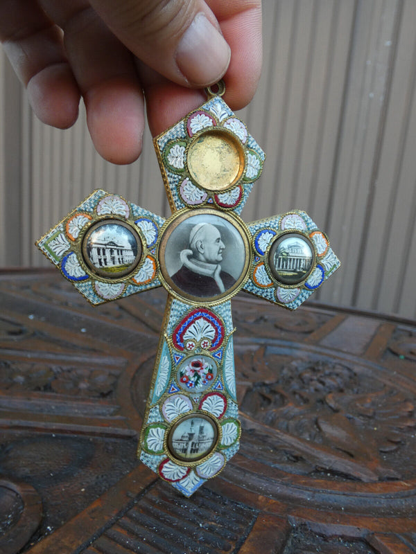 Vintage Italian Micro Mosaic Cross Pendant Pope pius XI