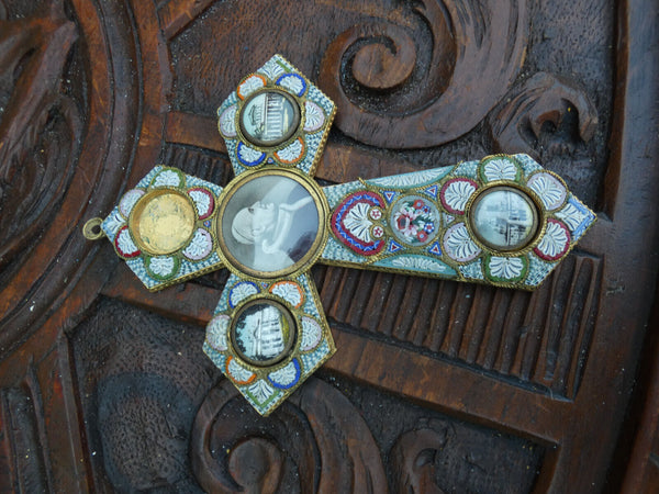 Vintage Italian Micro Mosaic Cross Pendant Pope pius XI