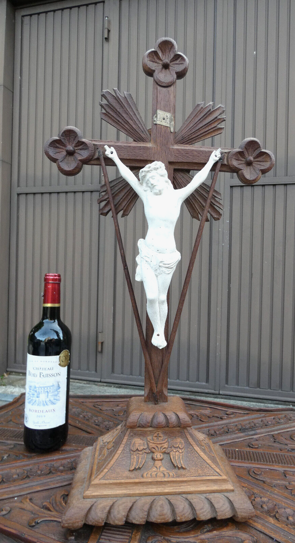 Antique Large 26,3" french Wood carved altar crucifix