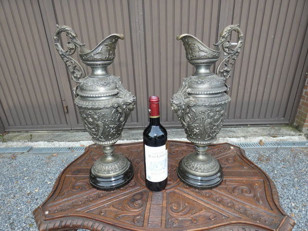 PAIR antique Spelter bronze dragon satyr putti pitcher ewer urns vases rare