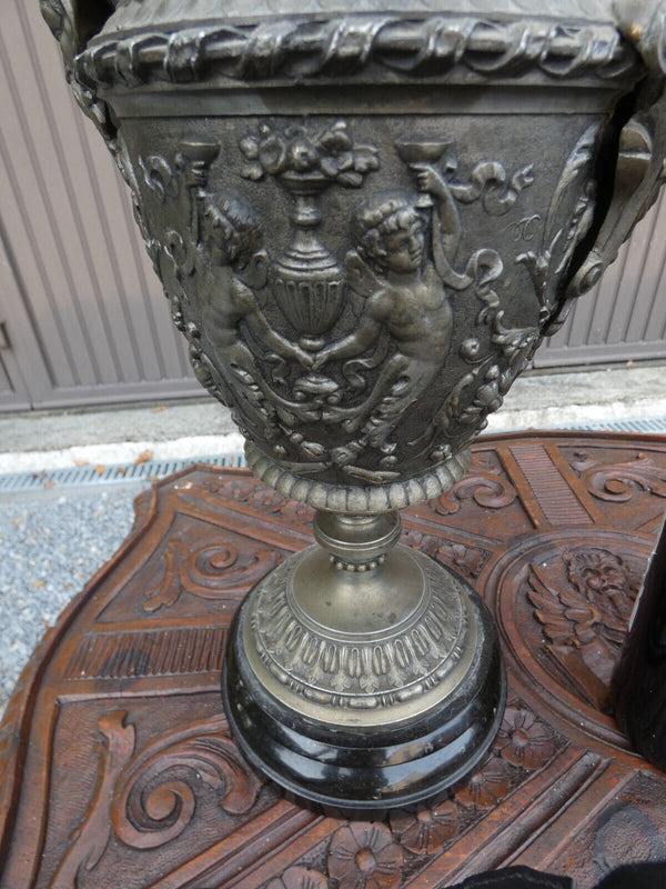 PAIR antique Spelter bronze dragon satyr putti pitcher ewer urns vases rare