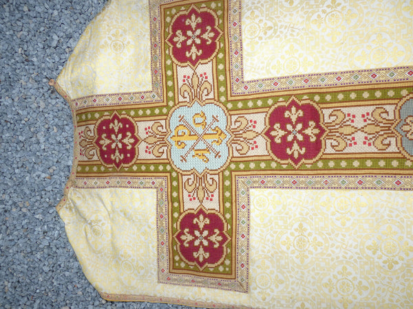 Antique French Embroidered Brocade Christian Vestment Chasuble Priest Religious